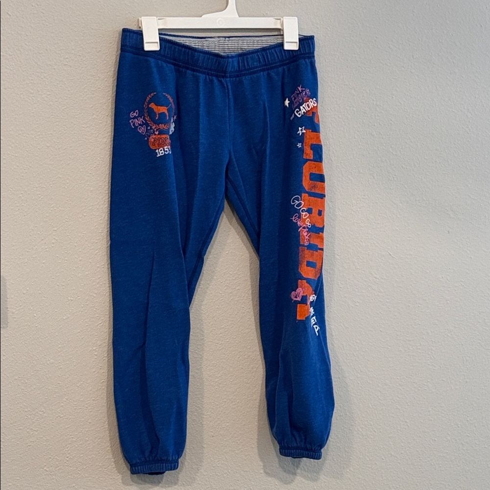 PINK Victoria's Secret Blue Joggers with Orange and Pink Accents